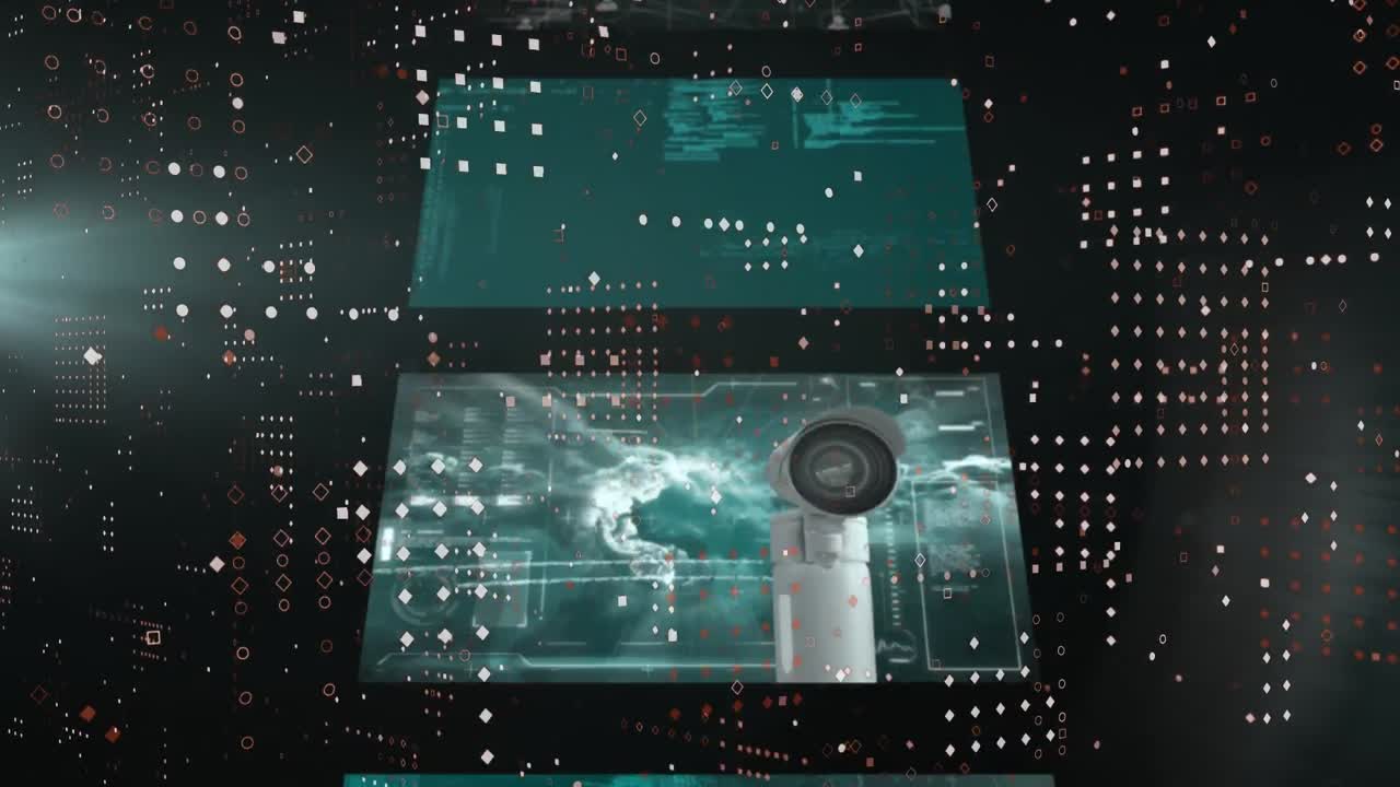 disegno a pattern di punti su più schermi con elaborazione dei dati su sfondo nero