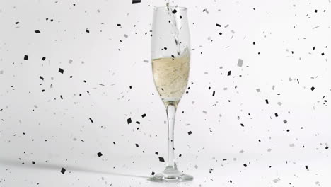 animation of champagne glasses and champagne pouring, with confetti falling on white background