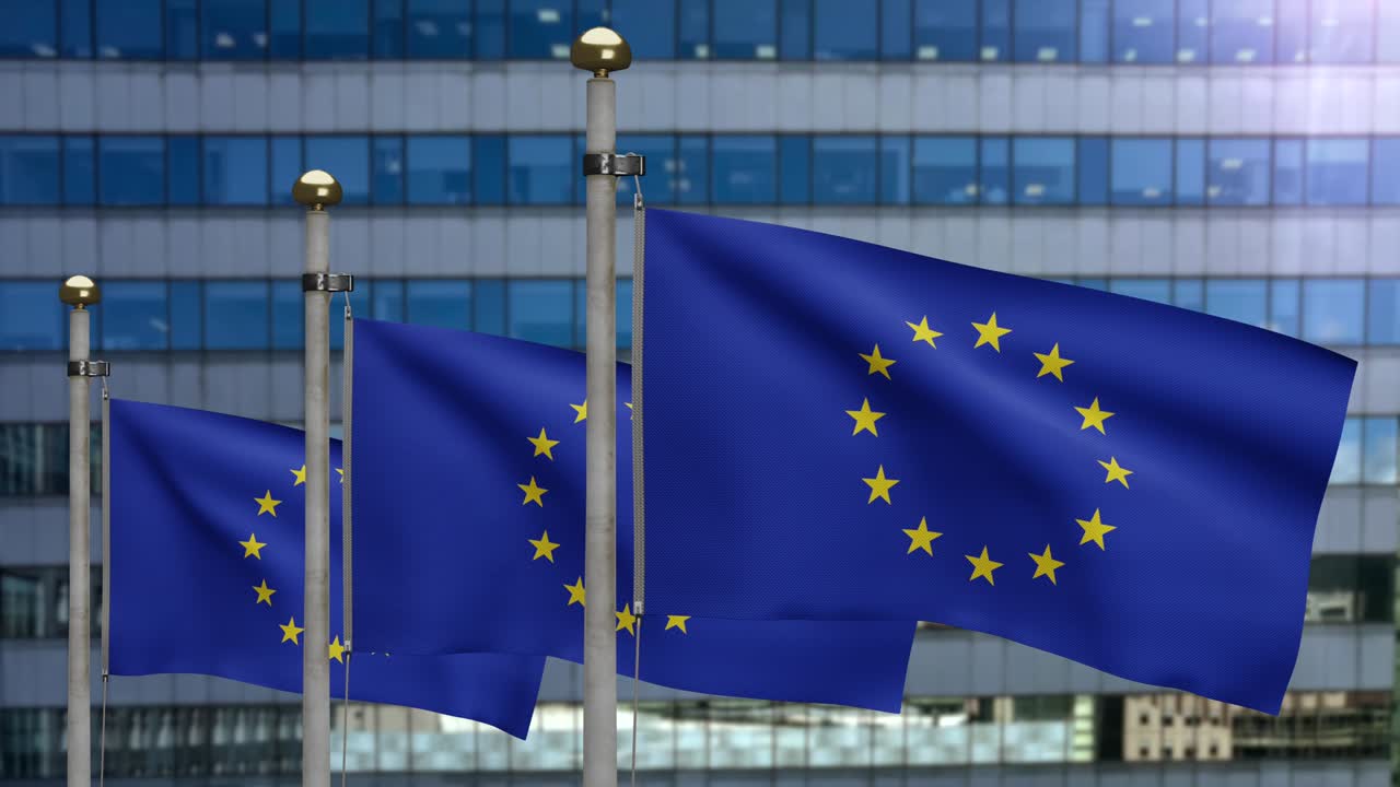 ilustración en 3d de la bandera de la unión europea en la ciudad del rascacielos.