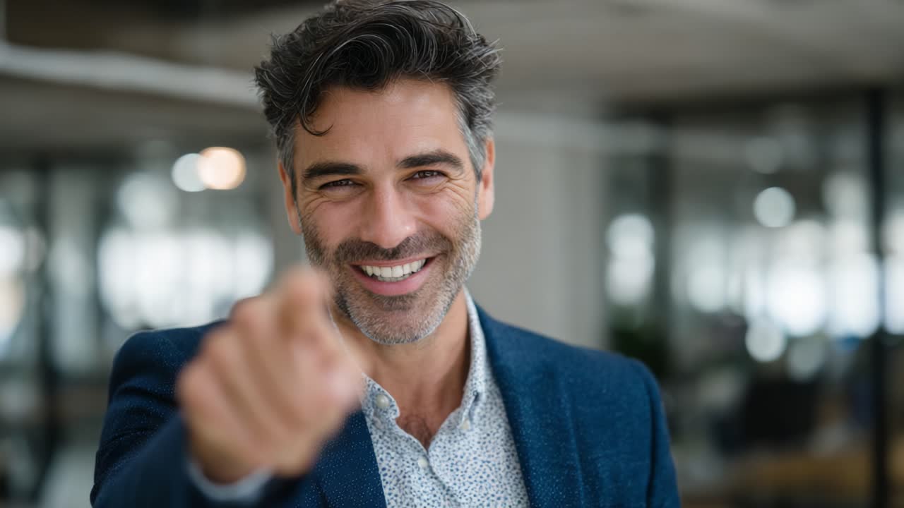 A confident and engaging man smiling widely while pointing playfully towards the camera, showcasing a charismatic personality in a professional setting