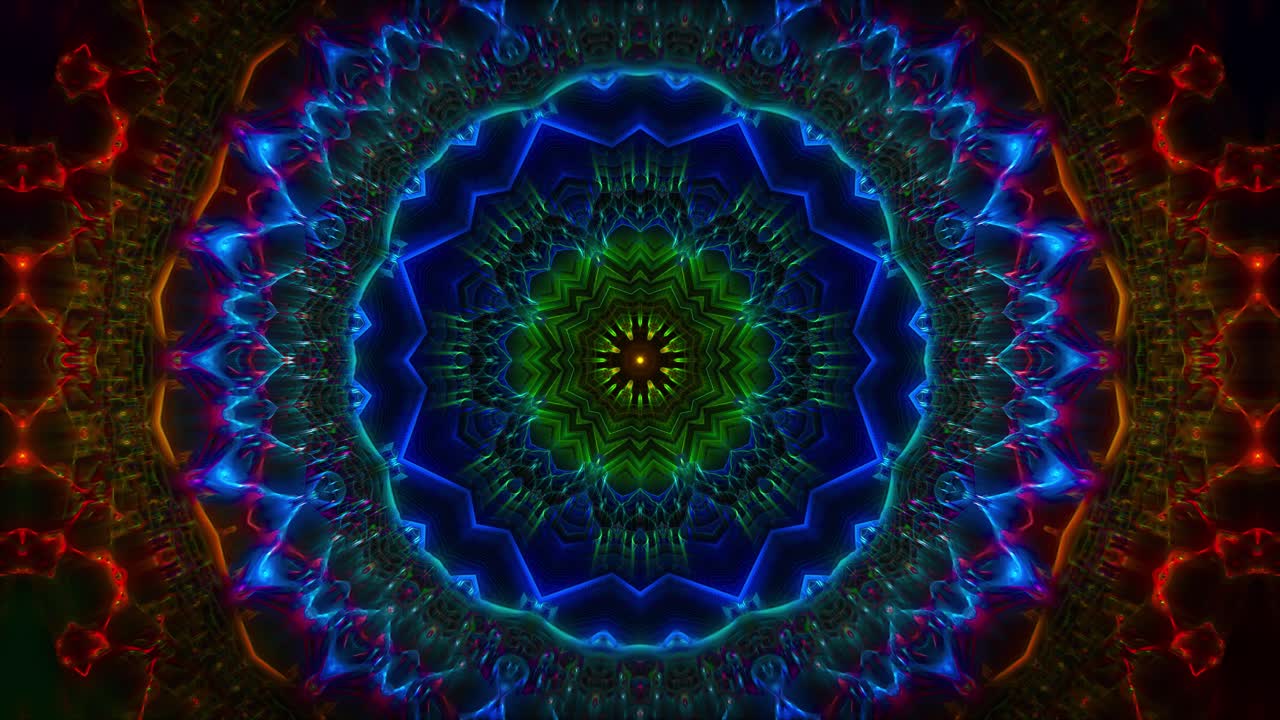 fondo de caleidoscopio de mandala psicodélico colorido, animación en bucle con línea ondulada y patrones florales que se emiten hacia el exterior