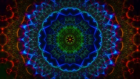 Farbenfroher-Psychedelischer-Mandala-Kaleidoskop-Hintergrund,-Schleifenanimation-Mit-Wellenlinie-Und-Nach-Außen-Strahlenden-Blumenmustern