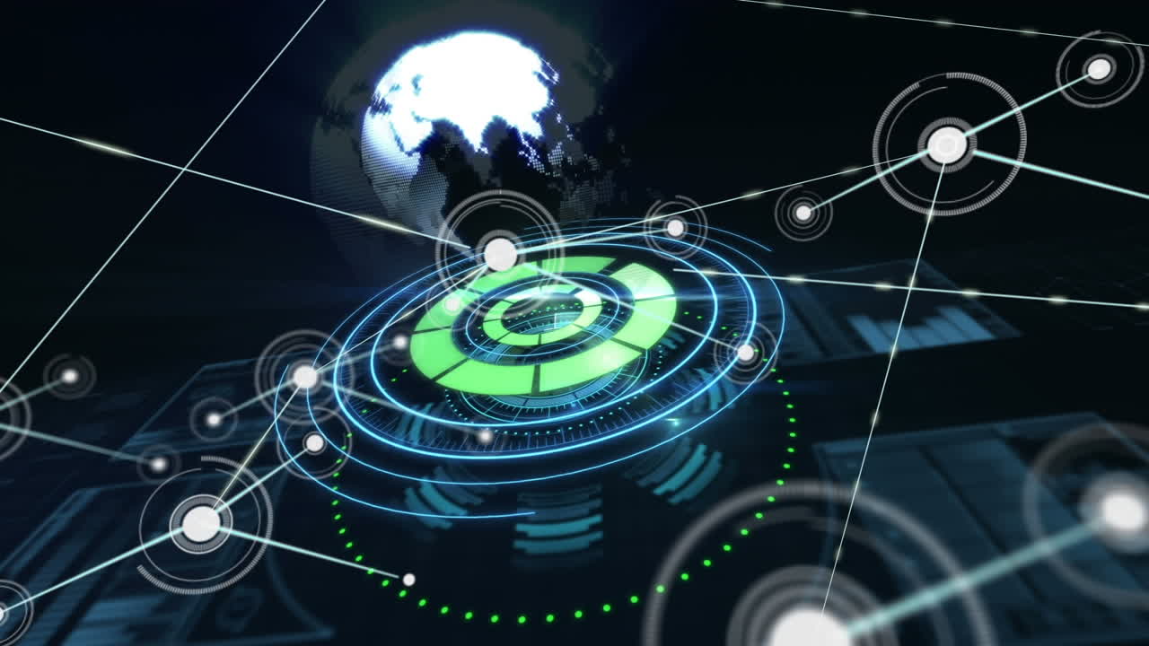 сеть соединений против вращающегося глобуса над круглым сканером на черном фоне