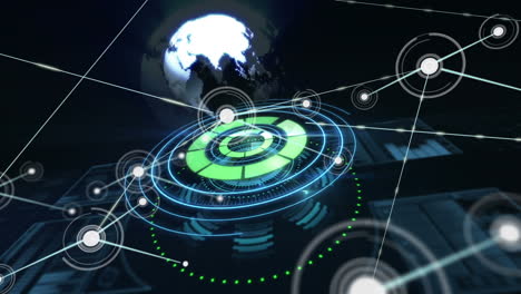 network of connections against spinning globe over round scanner on black background