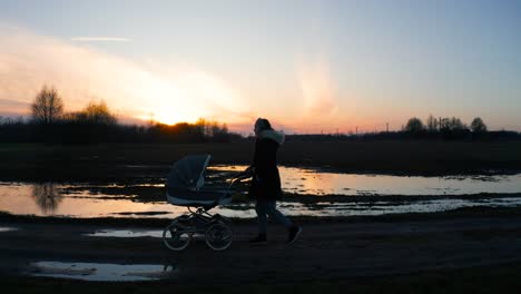 Frau-Geht-Mit-Kinderwagen-Bei-Dunklem,-Launischem-Sonnenuntergang-In-Der-Nähe-Eines-überfluteten-Feldes-Spazieren