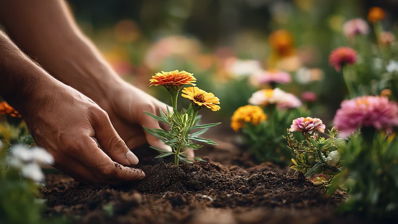 A Gardener's Nurturing Touch: Planting Flowers in Vibrant Garden Soil to Cultivate Growth and Beauty Amidst a Colorful Floral Display
