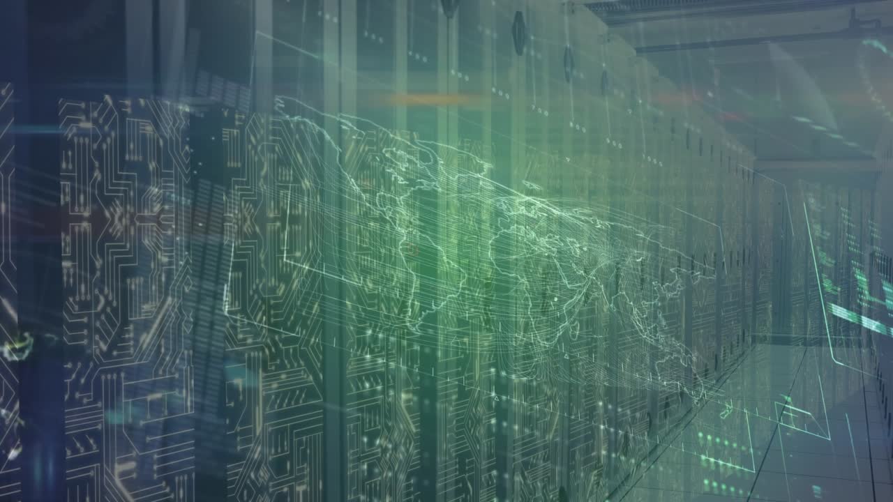 Animation of world map and data processing over server room