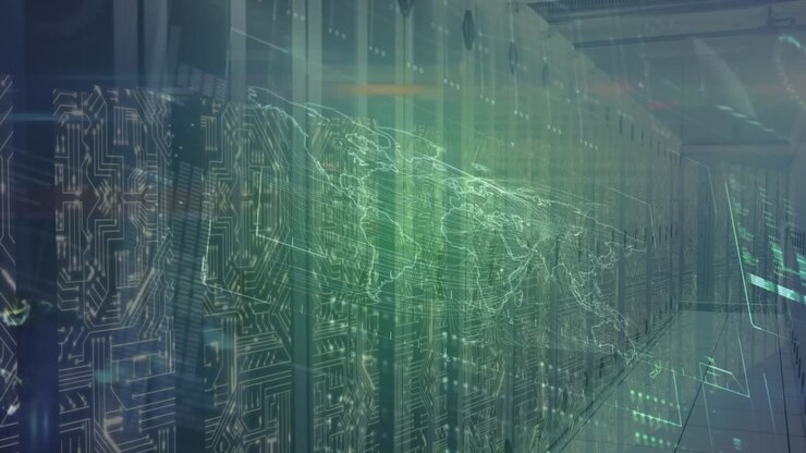 Animation of world map and data processing over server room