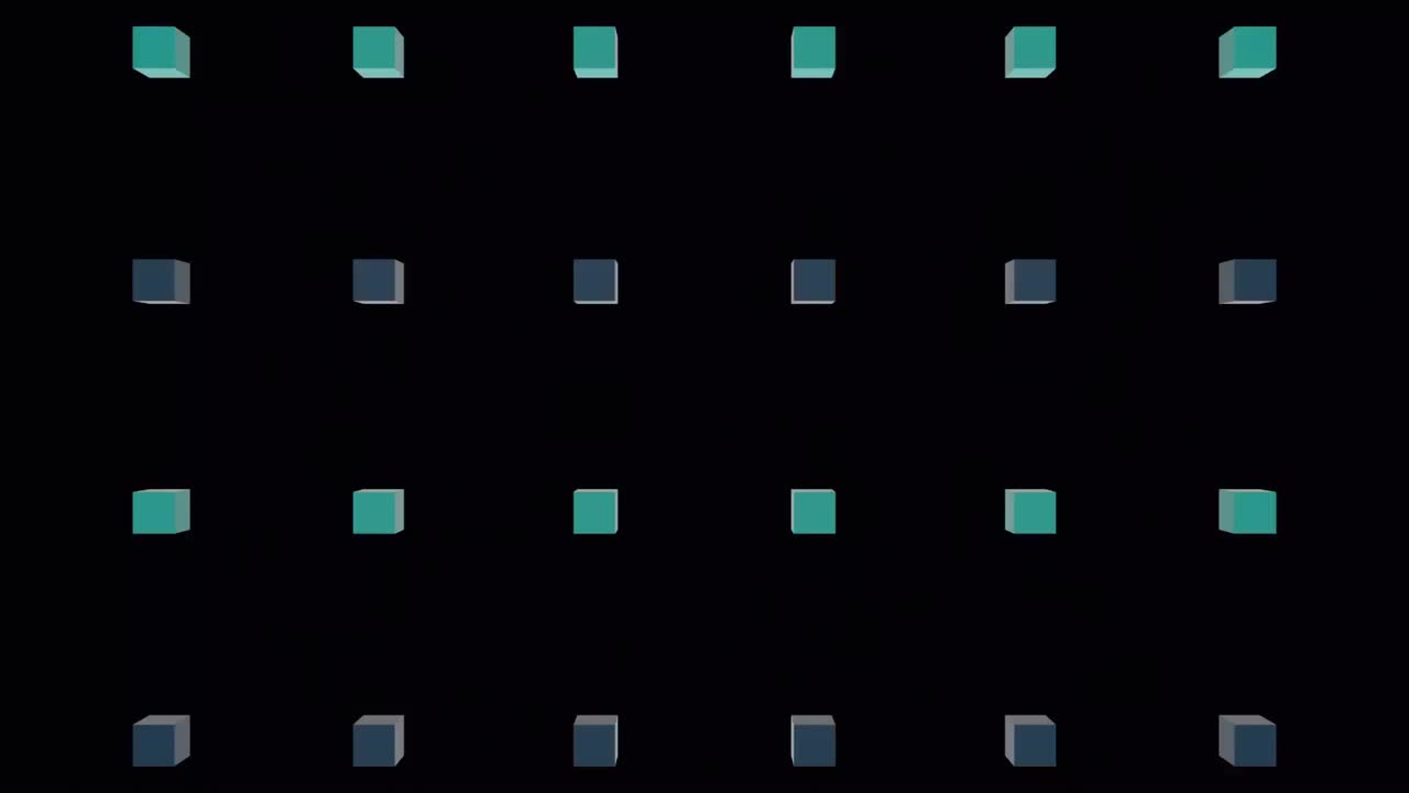 검은 바탕에 파란색과 초록색 큐브의 줄 위에 폭발의 애니메이션