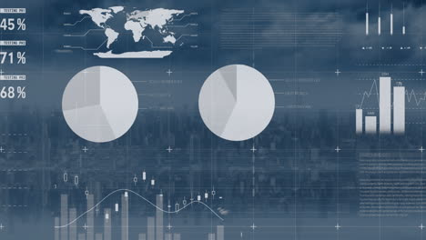 animation of infographic interface with multiple graphs, map over aerial view of cityscape