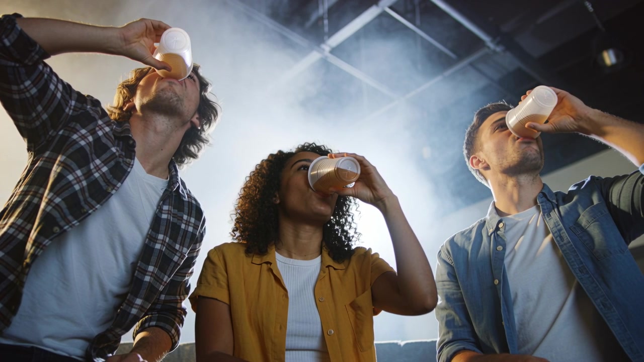 Lifting clear cups, trio in mustard, plaid, denim drinking on bench seating under truss-lit haze