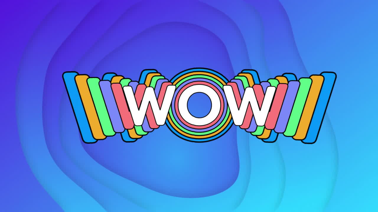 Wow text animation with colorful concentric shapes over blue gradient background