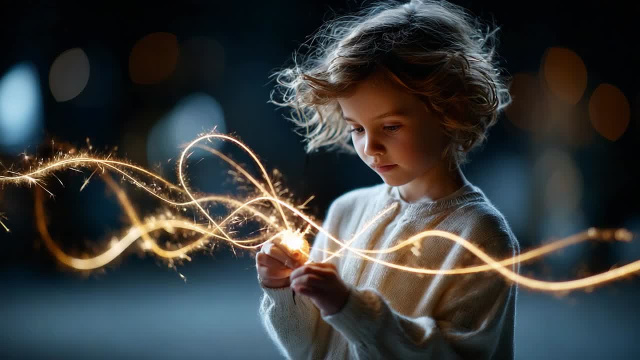 A Young Child Engages with Whimsical Sparks, Creating a Magical Atmosphere as Light Dances Around Them, Capturing the Essence of Innocence and Wonder with a Touch of Enchantment