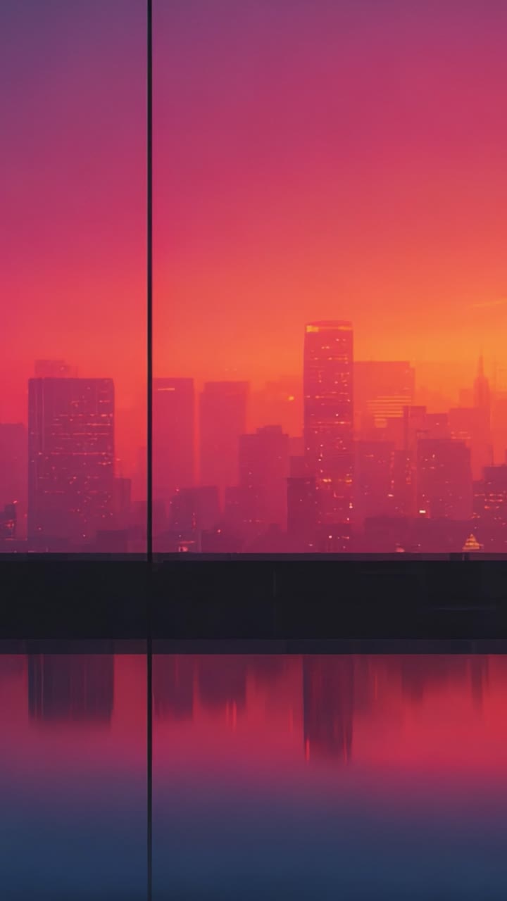 Un paisaje urbano vibrante al atardecer: un reflejo sereno de la vida urbana con un fondo de ensueño en tonos púrpura y naranja que captura la esencia de la serenidad vespertina.