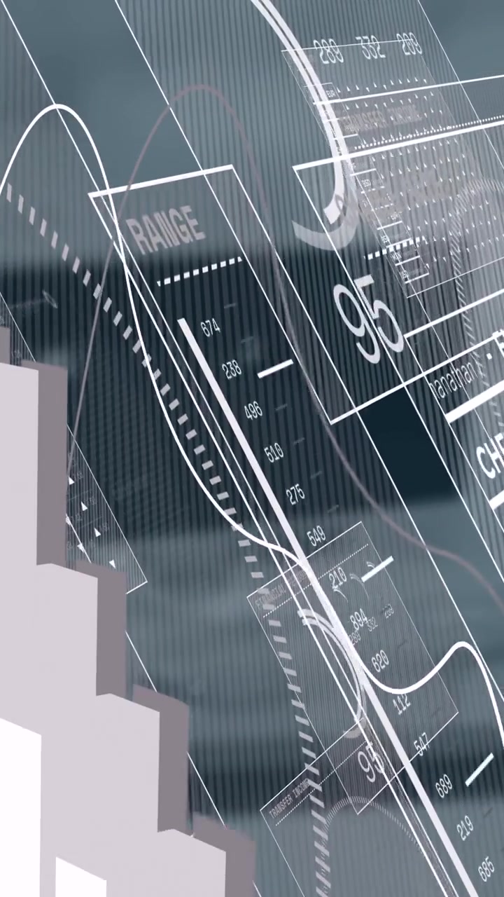 Animazione di un'interfaccia con elaborazione dati su un mappamondo rotante sullo sfondo di un ufficio vuoto.