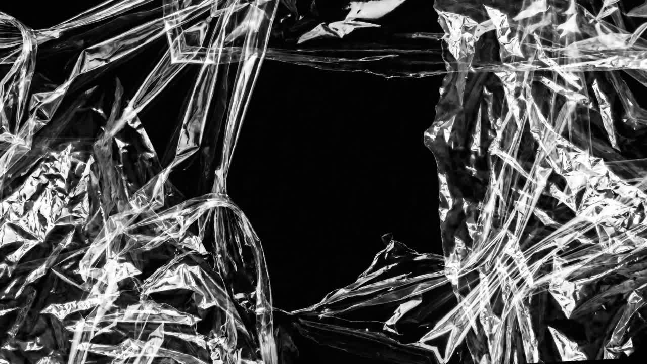 Pellicola di plastica stropicciata che si strappa per rivelare uno sfondo nero