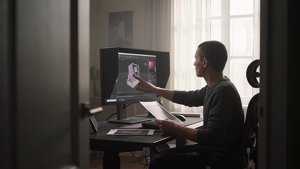 Jovem designer trabalhando em projeto de modelagem 3D em home office