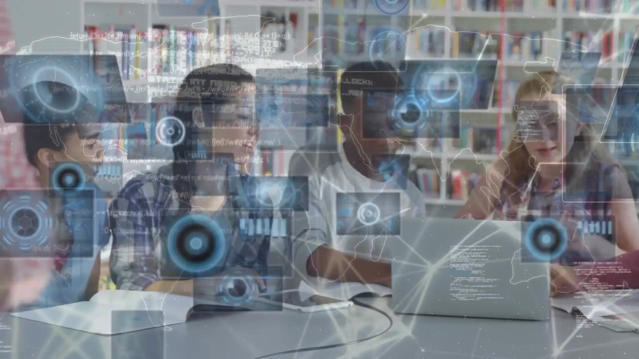 Animation of data processing over diverse students using laptop