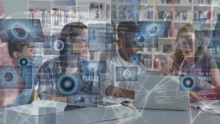 Animation of data processing over diverse students using laptop