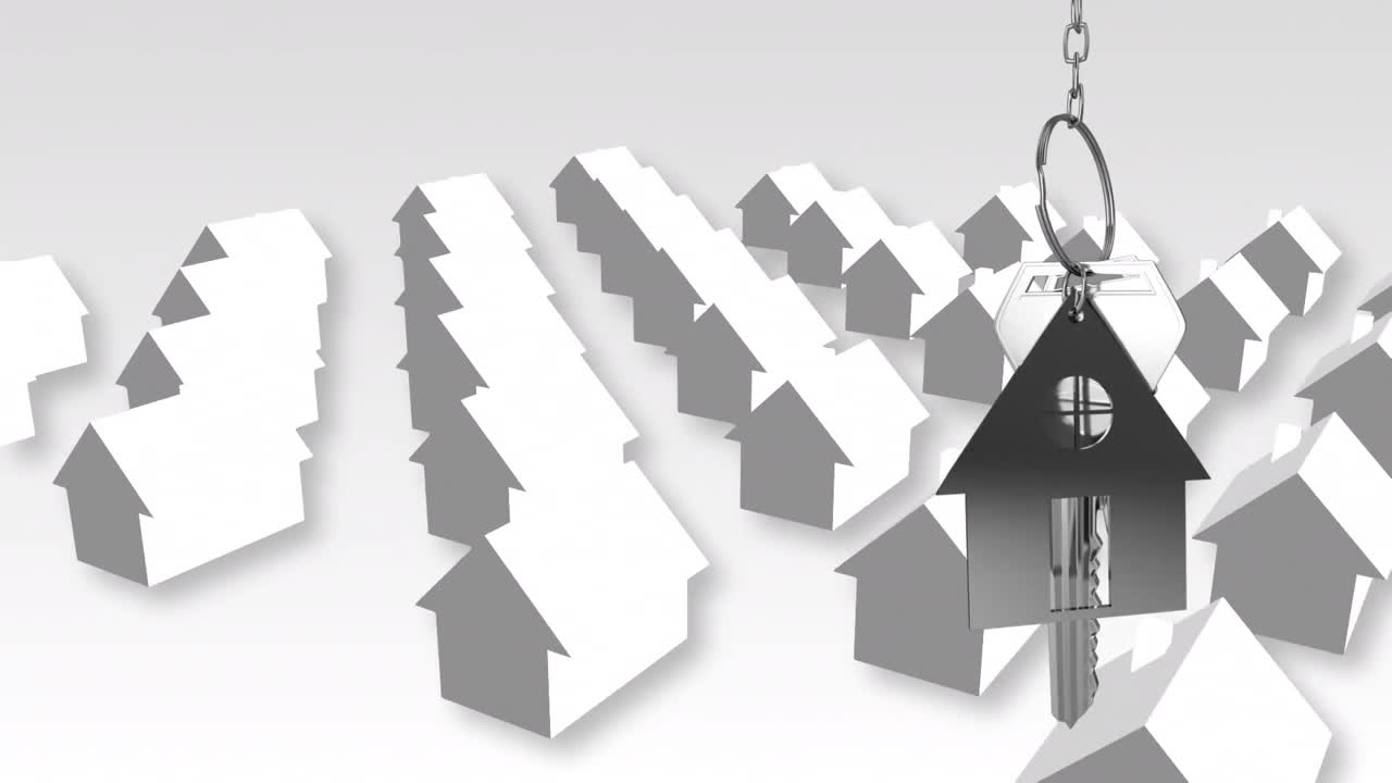 chiavi di casa e portachiavi appesi su modelli di case 3d sullo sfondo