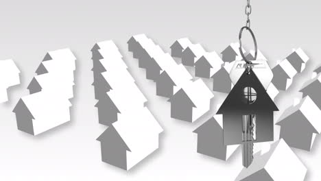 llaves de la casa y llaves colgando sobre modelos de casas 3d en el fondo
