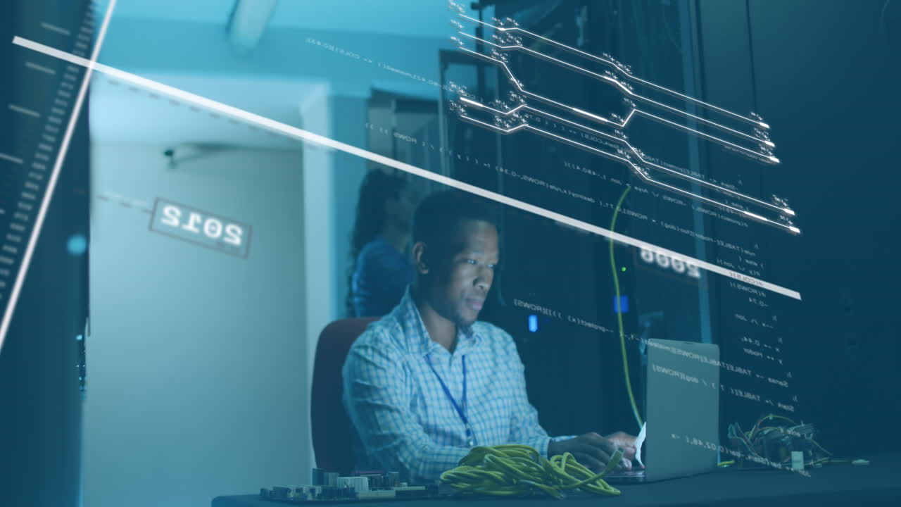 Animation of data processing over african american male it technician working by computer servers