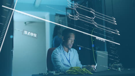 animation of data processing over african american male it technician working by computer servers