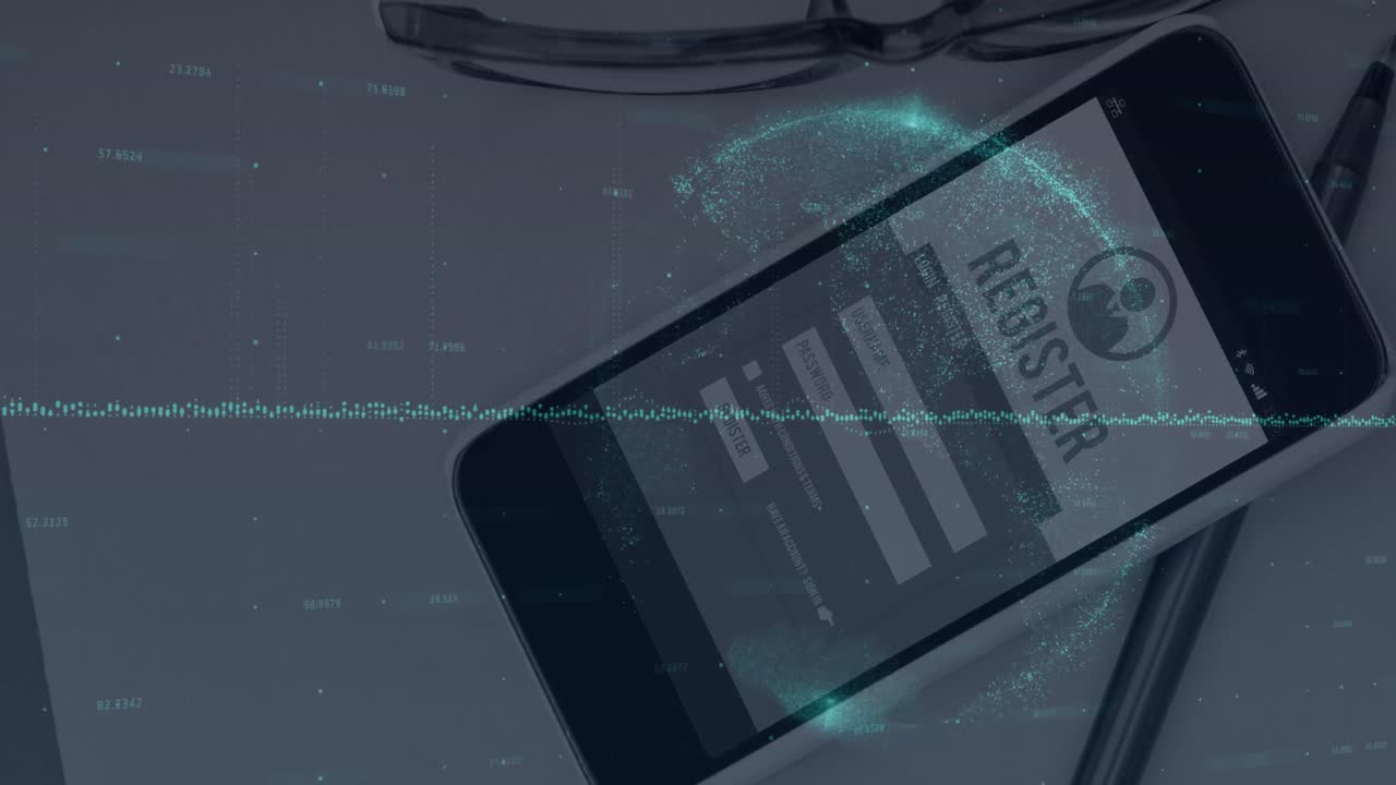 Animation of financial data processing and globe over smartphone on desk