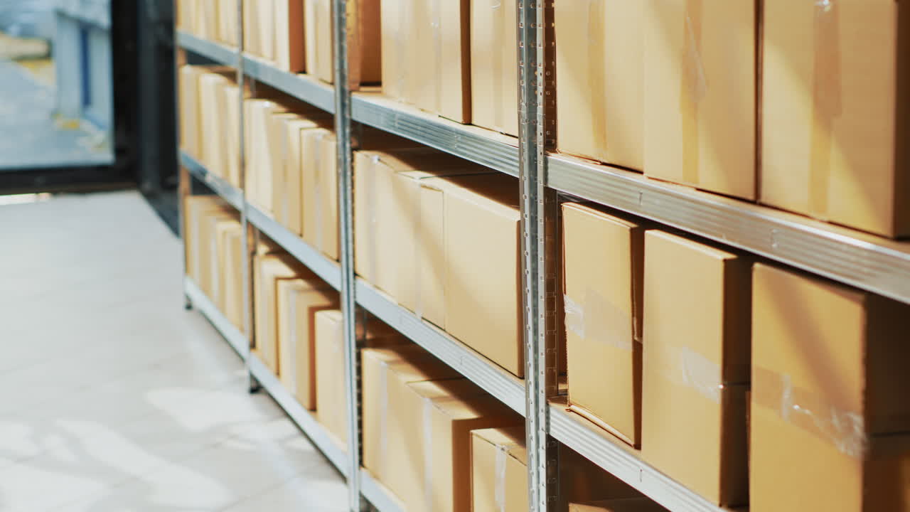 Warehouse Shelves Filled with Cardboard Boxes