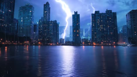 a city skyline at night with a lightning bolt in the sky