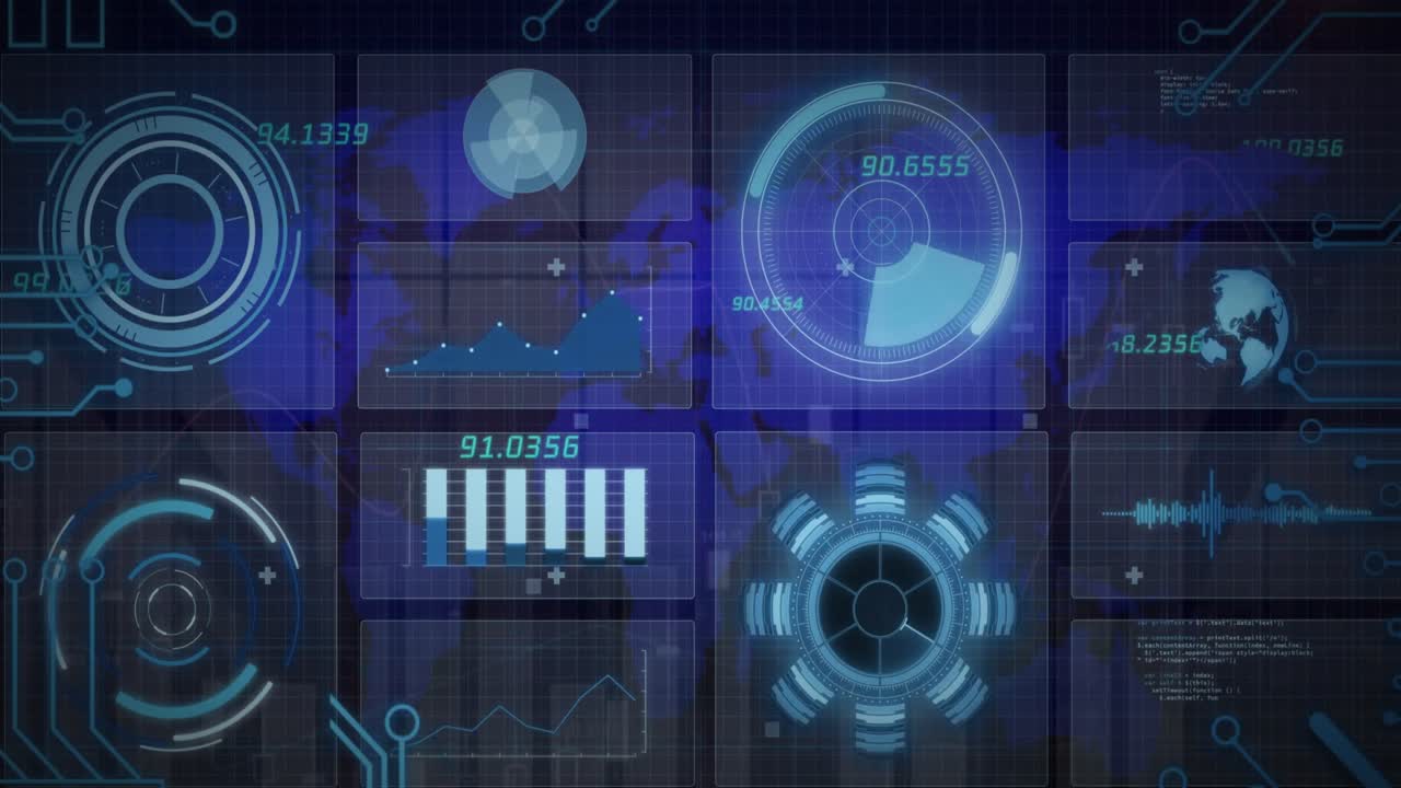 Animation of data processing with scope scanning and world map on black background