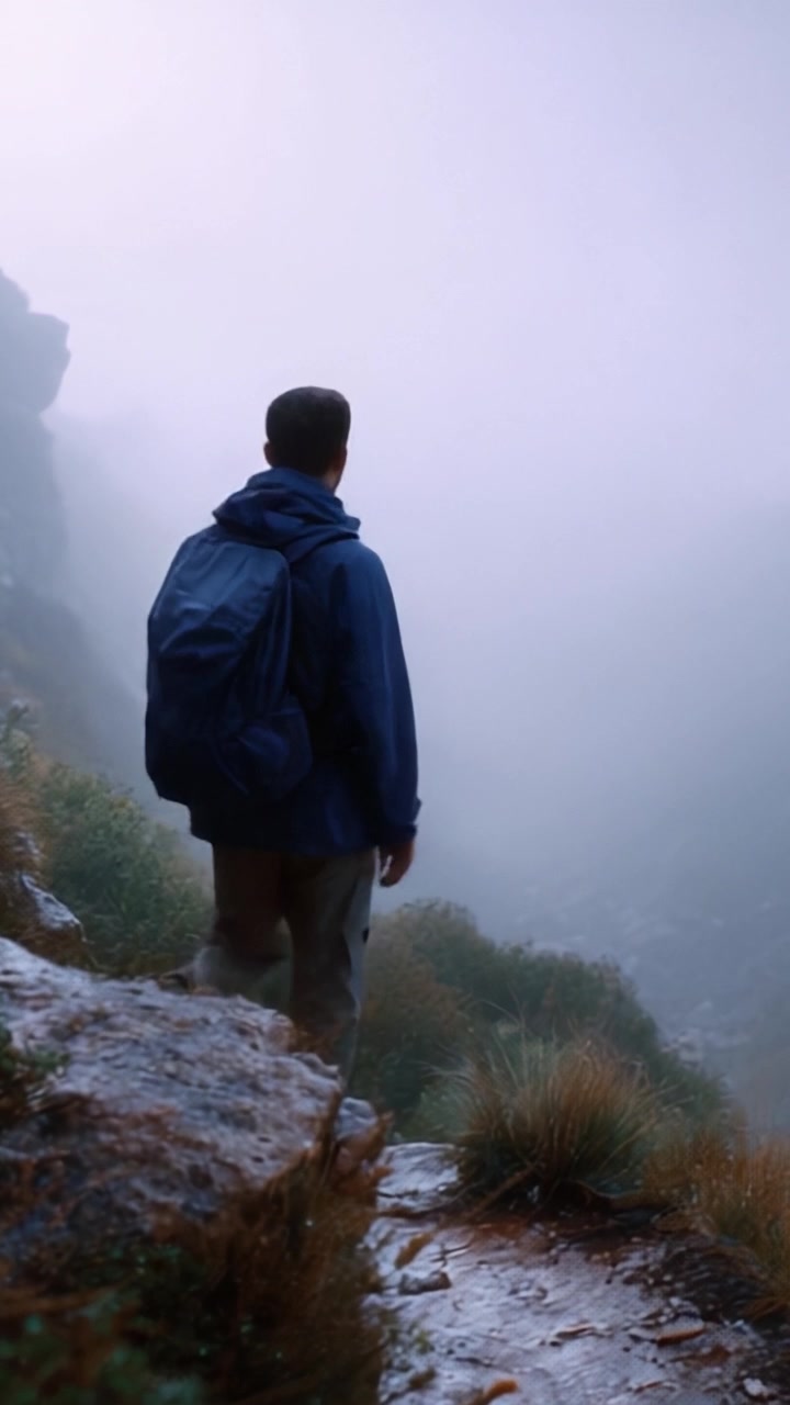 Un escursionista solitario osserva la natura selvaggia e nebbiosa, circondato da un terreno aspro e da una nebbia eterea, contemplando la bellezza e il mistero dei paesaggi naturali.