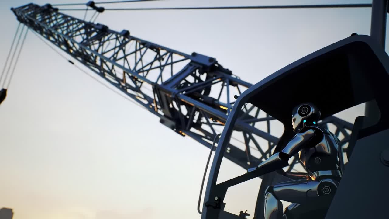 A Futuristic Cyborg Operates a Crane in a Modern Landscape, Showcasing Advanced Robotics Technology and Automation in Construction Environments