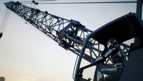 a futuristic cyborg operates a crane in a modern landscape, showcasing advanced robotics technology and automation in construction environments