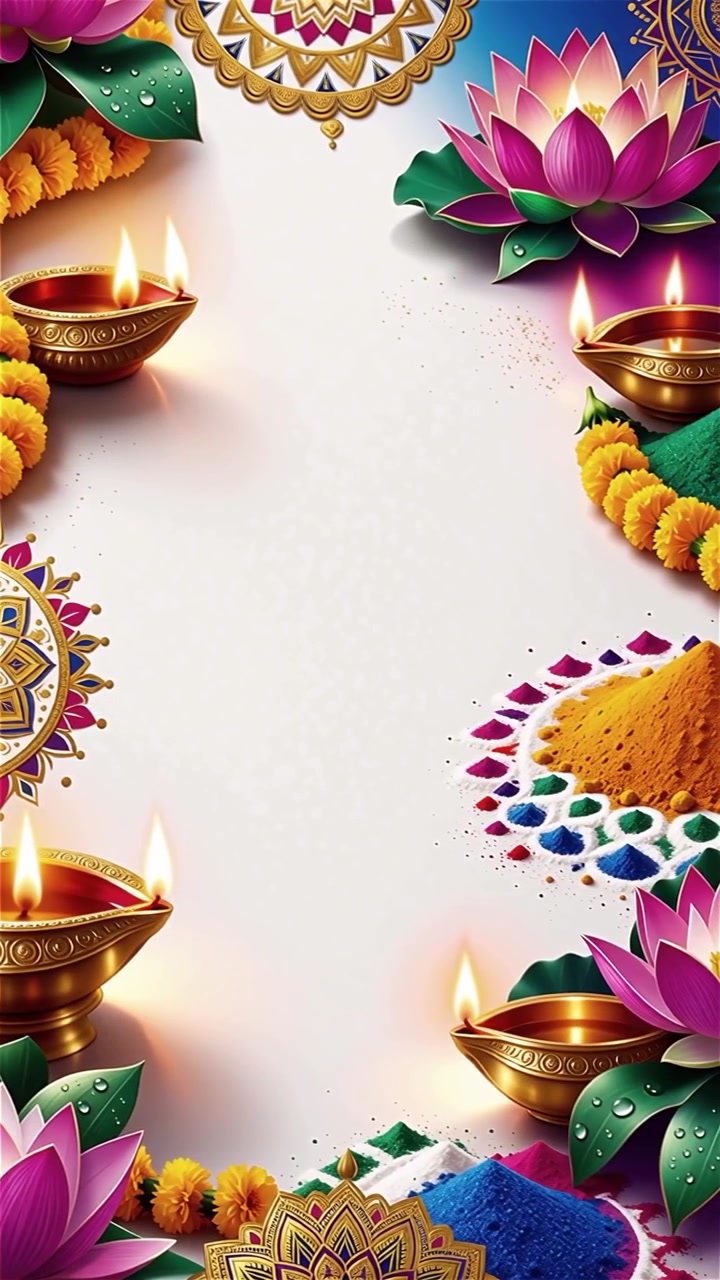 Sfondo Diwali con Diyas luminosi, Rangoli e fiori di loto
