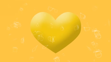 Animation-of-white-christmas-icons-falling-over-yellow-heart-emoji-on-yellow-background