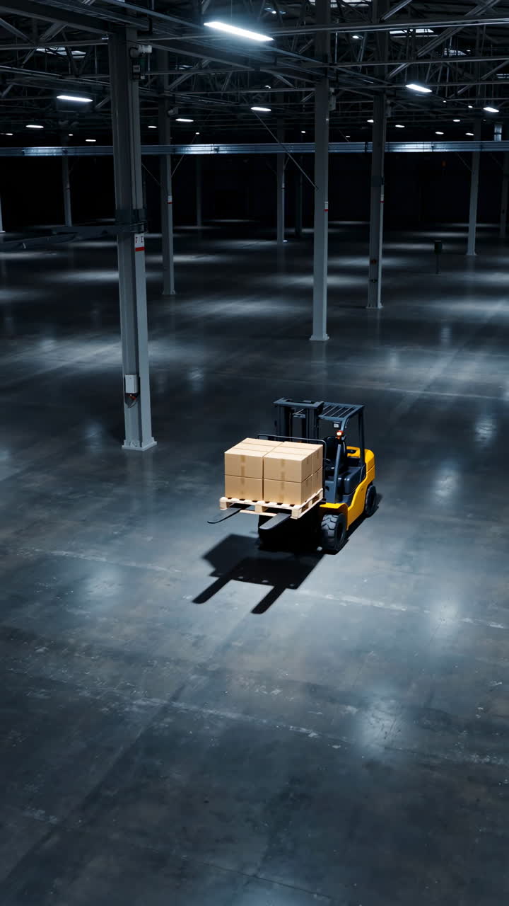 Forklift carrying boxes in a large empty warehouse