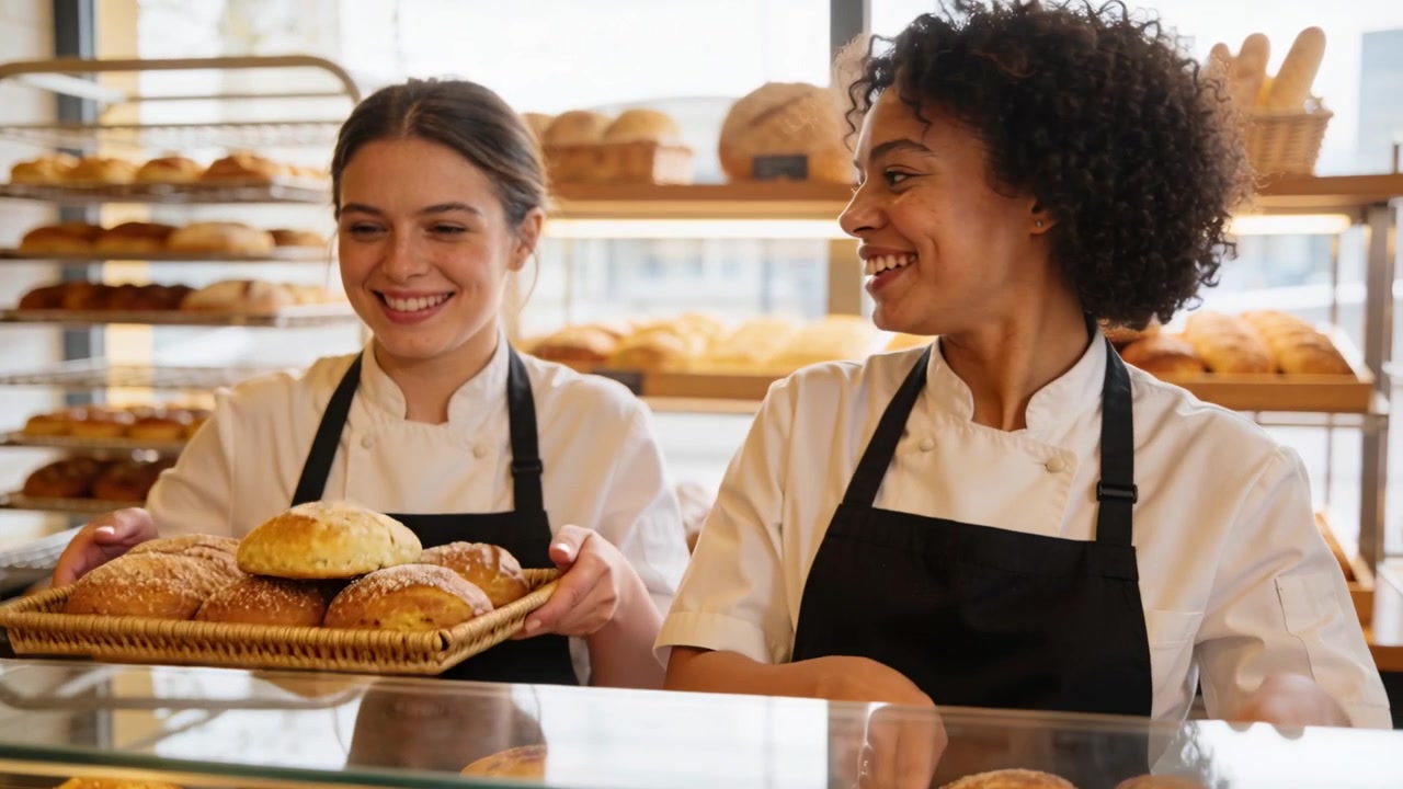 Smiling bakers in chef coats and aprons placing rolls on tray at glass case bakery, selling