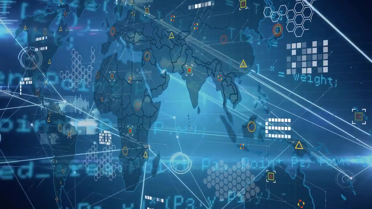 Animation of network of connections over world map and data processing on black background