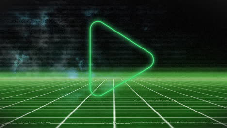 animation of green neon play triangle over green grid and smoke on dark background