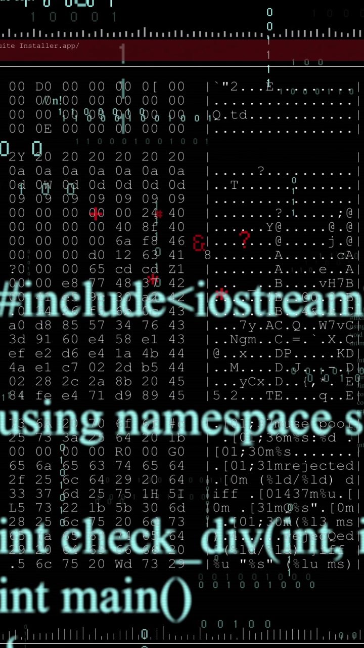 Animation of layers of text and binary data processing on black background