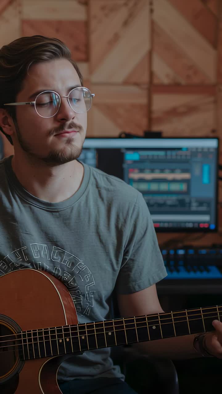 Vertical video: Backing track starting, glasses-wearing musician playing guitar in studio with DAW