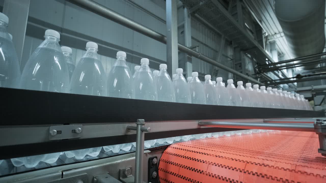cinta transportadora con botellas de agua potable en una planta de bebidas moderna