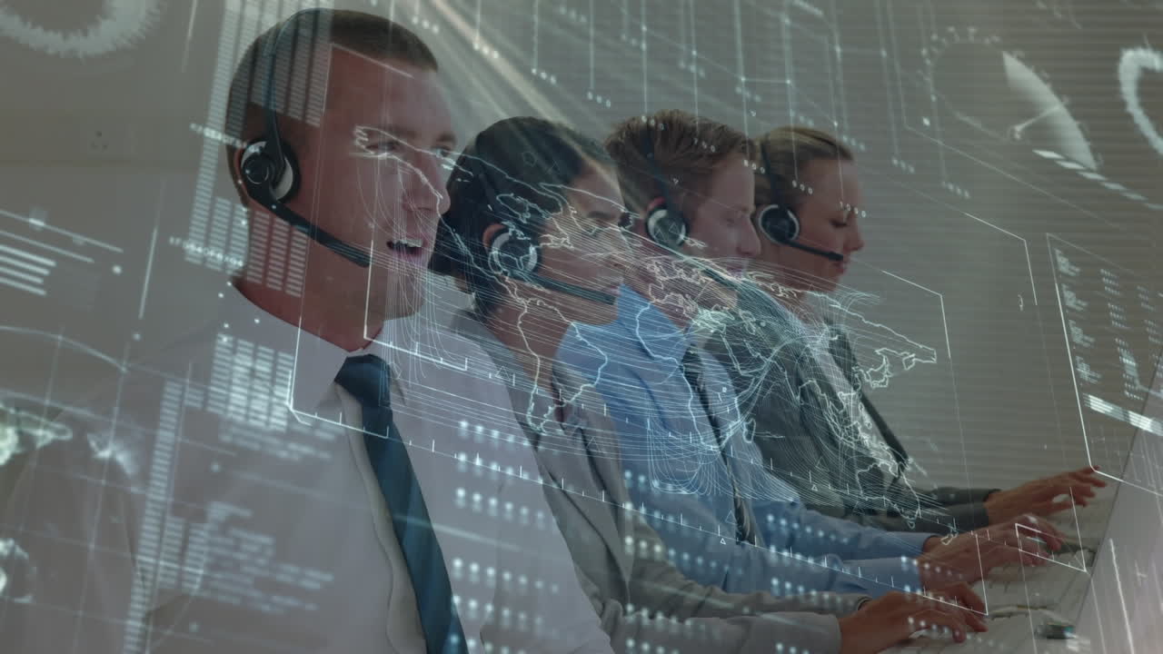 animazione dell'elaborazione dei dati finanziari su uomini d'affari che lavorano in ufficio