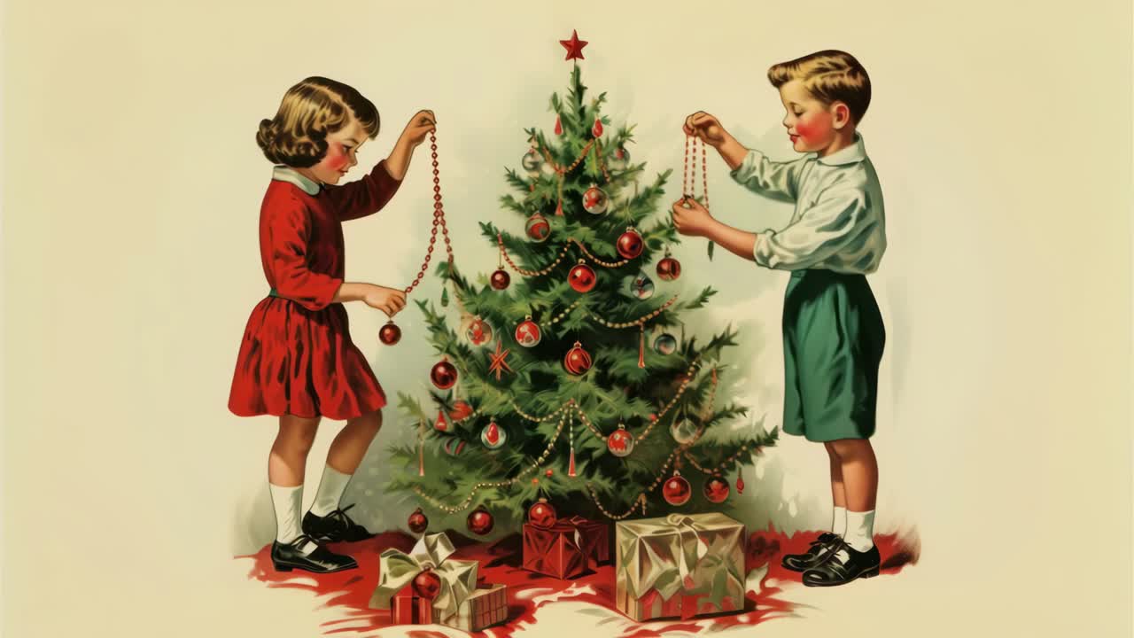 Vintage-style illustration of children decorating a Christmas tree