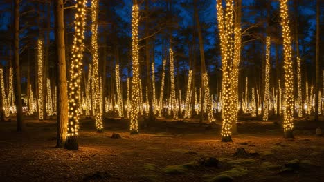 enchanting forest illuminated by twinkling fairy lights at dusk, creating a magical atmosphere among tall trees and soft shadows on the ground