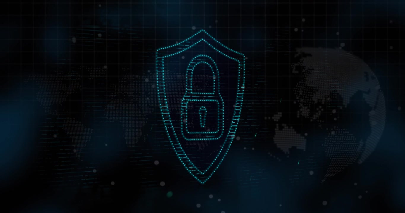 Animation of white spots over security padlock icon against spinning globe and world map