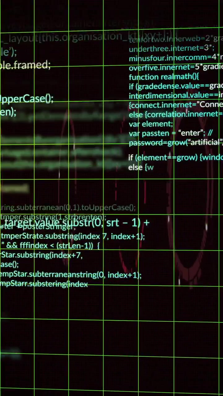 Animazione di codice informatico ed elaborazione dati su sfondo a griglia