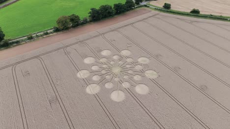 Andover-crop-circle-aerial-view-circling-above-golden-wheat-field-molecular-starburst-pattern