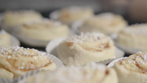 static close up of cinnamon buns with focus pulling